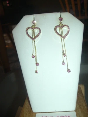 PINK Crystal Open HEARTS Long Gold UNEVEN CHAINS Betsey Johnson Pierced EARRINGS - Image 1 of 4