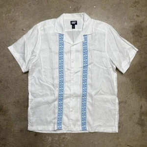 Lands End Linen Camp collar shirt blue embroidered design large - Picture 1 of 6