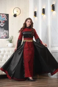 Palästinensisches besticktes Satin-Damenkleid traditionell Heritage Tatreez mit Robe - Bild 1 von 6