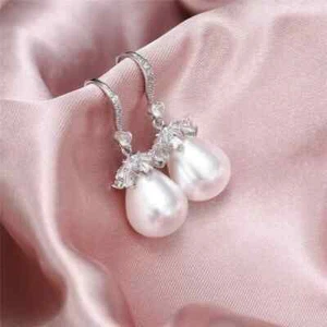 Fashion Women White Pearl Wedding Drop Earrings Two Tone 925 Silver Jewelry - Picture 1 of 6
