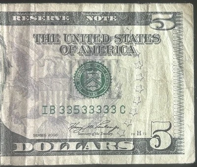(NEAR SOLID!) $5 Binary Near Solid 7 Of A Kind Fancy Serial Number IB33533333C - Image 1 of 4