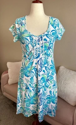 Fresh Produce Dress Short Sleeve Turquoise Floral Cotton Floral Ruffle Women’s M — 第 1/4 张图片