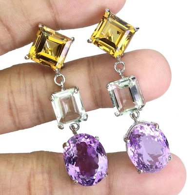 Pendientes de plata de ley 925 amatista ovalada 56 quilates topacio hechos a mano joyería gema rara Foto 1 de 4