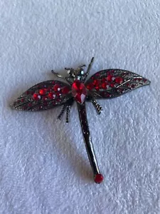 Gunmetal ~ Red Rhinestones 3" x 2 1/2" Dragonfly Pin - Picture 1 of 8
