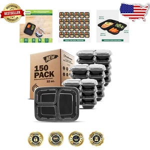 Airtight 150-Pack Meal Prep Containers - Stackable Bento Boxes, 3 Compartments - Picture 1 of 9