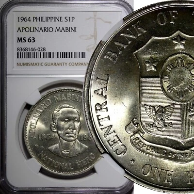 Philippines Silver 1964 Peso NGC MS63 Birth of Apolinario Mabini 38mm KM# 194(8) - Image 1 of 4
