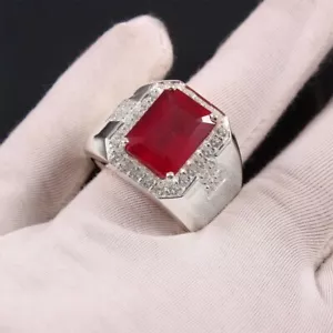 Natural Red Ruby & Diamond Men's Engagement Wedding Pinky Ring 14k White Gold - Picture 1 of 9