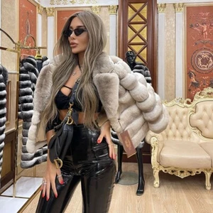 Elegant Real Rex Rabbit Fur Coat Women's Winter Thick Jacket Chinchilla Overcoat - Picture 1 of 6
