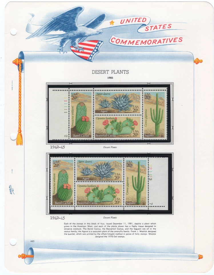 Scott #1945a Desert Life Plate Blocks - White Ace Booklet Pane Mount - MNH - Image 1 of 1