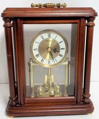 VTG Seiko QXG332BLH Rotating Pendulum 10" Wood Carriage Gold-Toned Mantel Clock - Image 1 of 4