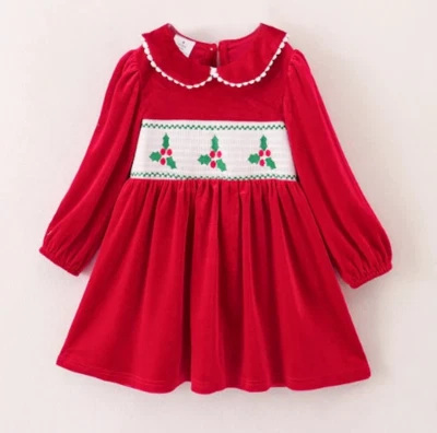 NEW Boutique Christmas Holly Girls Smocked Embroidered Velvet Dress - Image 1 of 4