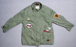 Zara Girls RARE Peanuts Snoopy & Woodstock Green Military Denim Jacket Youth 8 - Picture 1 of 16