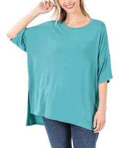 Dusty Teal Hi-Low Dolman Crewneck Tee Size L - Picture 1 of 4