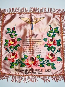 VTG MCM 50'S SOUVENIR PINK TEXAS SHEPARD AIR FORCE BASE SATIN FRINGE PILLOW CASE - Picture 1 of 5