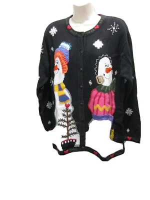 The Quacker Factory Snowman Snowflake Hearts Sweater Holiday Christmas Black Med - Image 1 of 4