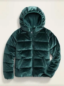 Old Navy Green Velvet Lined Hooded Full Zip Up Girls’ Puffer Jacket Size M 8 - Picture 1 of 6