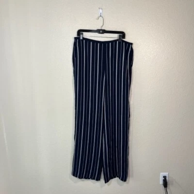 St John Pants Womens Large Wide Leg Pull On Polyester Trousers Navy White Stripe - Imagem 1 de 4