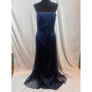 Vintage Navy Blue Beaded Strappy Evening Gown Formal Prom Dress - Picture 1 of 24