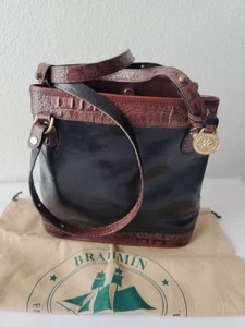 Vintage Brahmin Toskanisches Glattleder schwarz braun Krokoprägung Besatz Tasche & Staubbeutel - Bild 1 von 17
