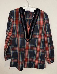 J. Camicetta tunica CREW donna XS top tartan a quadri bordo velluto scollo a V vacanza - Foto 1 di 9