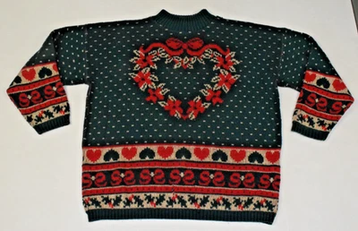 Vintage Holliday Sweater Adele Size L 70s 80s Green Red Holiday Hearts Made USA - Image 1 of 4