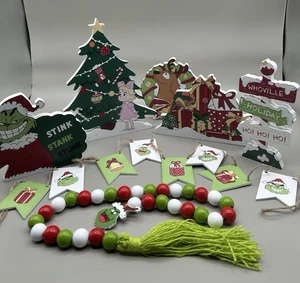 The Grinch Who Stole Christmas 7piece Wood Decor Set Tier Tray Mantle Shelf - Picture 1 of 7