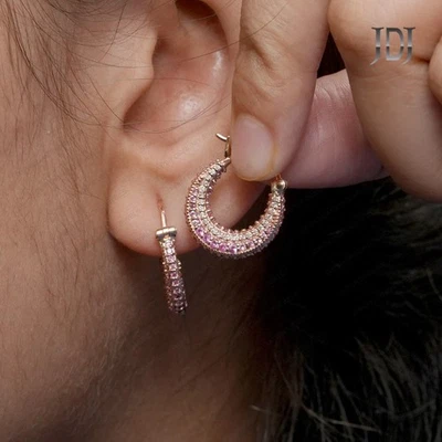 Solid 14k Rose Gold Genuine White Diamond Pink Sapphire Gemstone Hoop Earring - Image 1 of 4