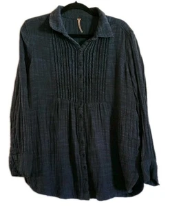 Free People Cotton Gauze Tunic Blouse Top Tuxedo Pleat Front Double Face Large - Picture 1 of 11