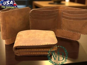 Men’s Crazy Horse Leather Wallet Handmade Brown Bifold Wallet Cards Cash Slots - Picture 1 of 13