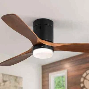 52 in. LED Indoor/Outdoor Flush Mount Matte Black Ceiling Fan with Wood Blades, - Picture 1 of 4