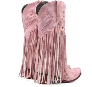 Women‘s Mid Cuban Heel Tasseled Shoes Mid-calf Boots Suede Western Cowboy 2025 - Picture 1 of 20