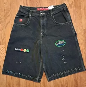 JNCO Pantaloncini Uomo 34 Nero Denim Jeans Baggy HipHop Buoni Charlotte Blink182 Corona - Foto 1 di 14