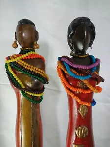 27" Tall Hand Carved Wood Tribal Figurines With Beads and Earrings, India - Picture 1 of 11