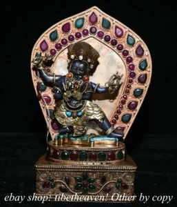 8.4" Old Nepal Silver Gold Gems Lapis Lazuli 4 Arms Mahakala Buddha Sculpture - Picture 1 of 12