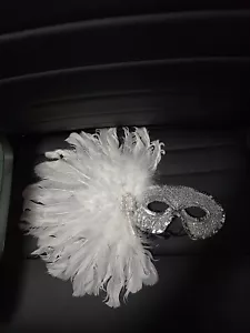 Masquerade Ball Feather Plume Mask Womens White Silver New Year Eve Mardi Gras - Picture 1 of 10