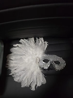 Masquerade Ball Feather Plume Mask Womens White Silver New Year Eve Mardi Gras - Image 1 of 4