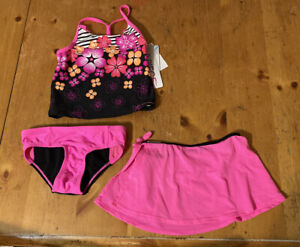 NWT ZEROXPOSUR girls 3-pc swimming suit black/hot pink/white floral sz.5