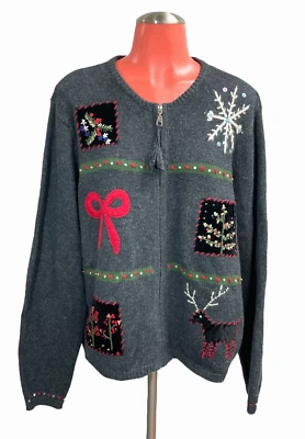 CRAZY HORSE Liz Claiborne Gris Navidad Cremallera Cárdigan Suéter Aplique L Foto 1 de 4