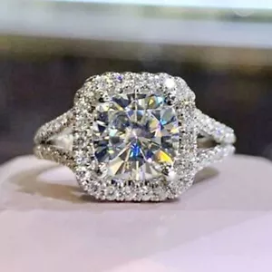1.79 TCW Cushion Cut Moissanite Halo Engagement Ring 14K White Gold Plated - Picture 1 of 8