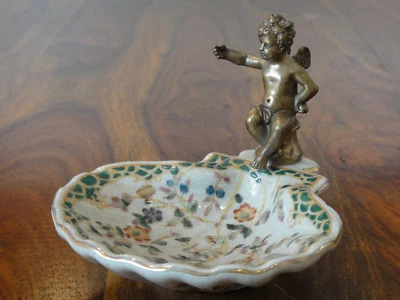 "HANDGEFERTIGT" Soap Dish Porcelain Bronze Angel Soap Tray Antique Art Nouveau Shell Floral