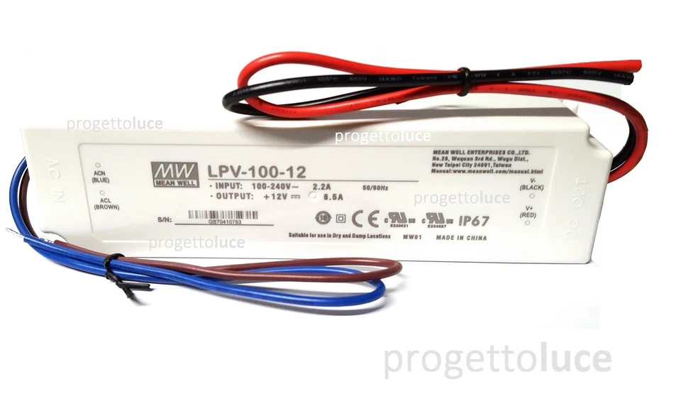 Alimentatore impermeabile 12V 8,5A 100W Meanwell x Strip LED trasformatore IP67 - Immagine 1 di 1