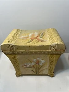 VTG Metal Treasure Trunk Embossed Elephant handles Gargoyle feet hinged lid 19"W - Picture 1 of 19