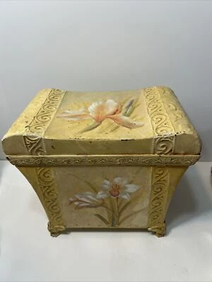 VTG Metal Treasure Trunk Embossed Elephant handles Gargoyle feet hinged lid 19"W - Image 1 of 4