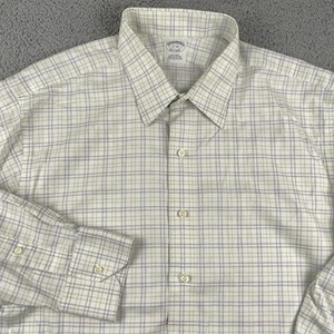 Brooks Brothers Shirt Mens 17 34 White Blue Green Non Iron Plaid Business Casual - Picture 1 of 9