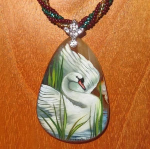 WHITE SWAN pendant hand painted BIRD stone beaded necklace Gorbachova signed ART - Picture 1 of 12
