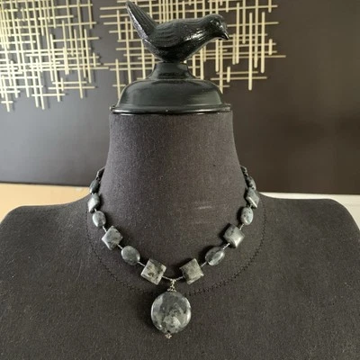 "Collar grueso negro y gris piedra de granito y cuentas de hematita cierre de 17"" 925" Foto 1 de 4