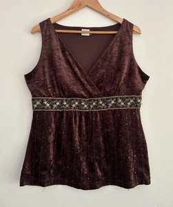 Now Ladies Tank Size 16 Brown Singlet Beaded 90’s V-neck Classic Casual Velvet - Picture 1 of 12