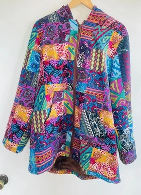 NWOT Hippy Boho Winter Colorful Patchwork Print Jacket Hoodie Retro Fun Coat - Image 1 of 4