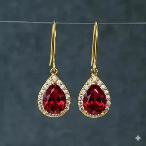 4Ct Lab-Created Ruby & Diamond Drop/Dangle Halo Earrings 14K Yellow Gold Finish - Picture 1 of 9