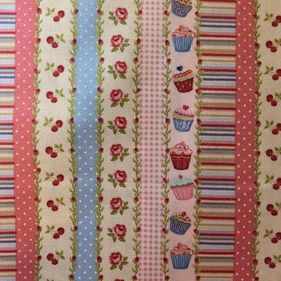 Tea Time Stripe 100% Cotton Fabric Cupcakes Cherries RosesMakower UK - Image 1 of 4